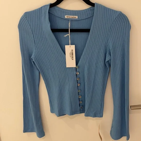 Reformation Blue Ribbed Button-Up Top - Picture 4 of 4